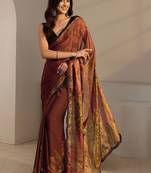 brown floral beads and stones satin saree