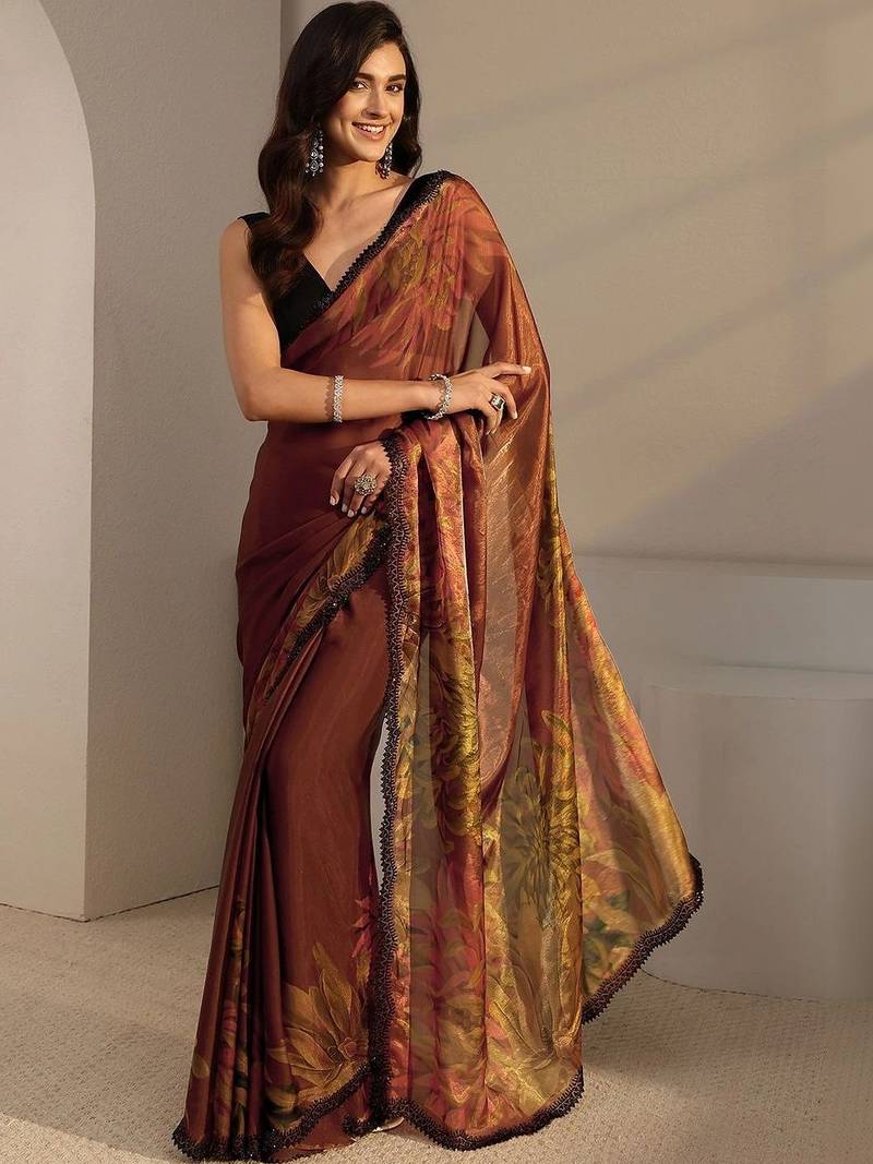 brown floral beads and stones satin saree