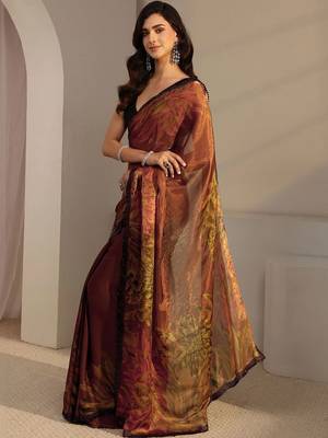 brown floral beads and stones satin saree 2