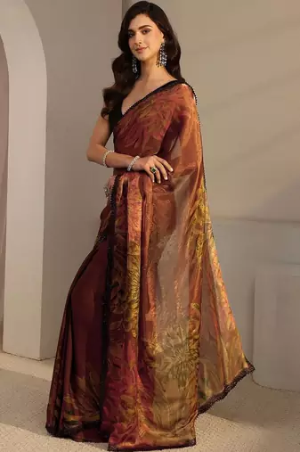 brown floral beads and stones satin saree