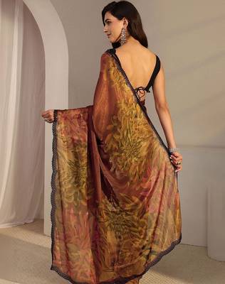 brown floral beads and stones satin saree 3