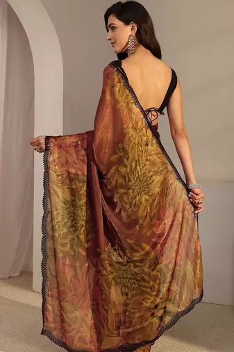 brown floral beads and stones satin saree