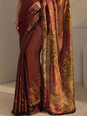 brown floral beads and stones satin saree 5