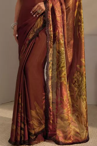 brown floral beads and stones satin saree