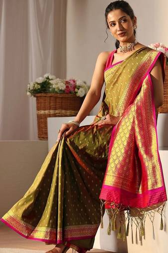 olive woven design zari silk blend saree