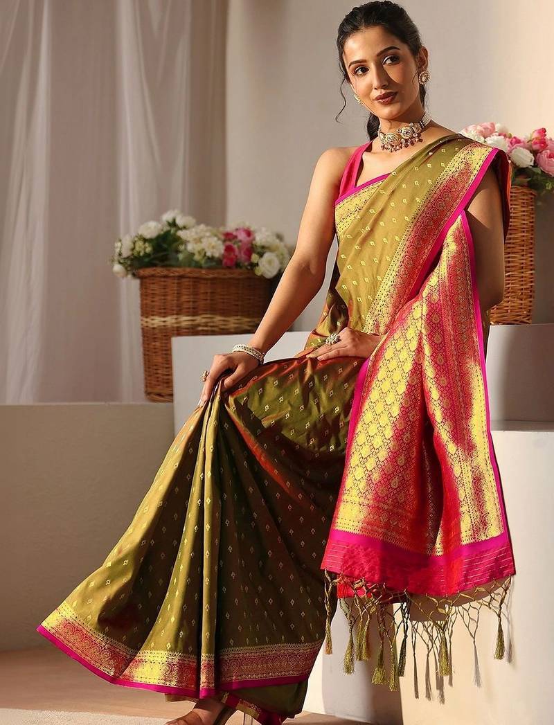 olive woven design zari silk blend saree