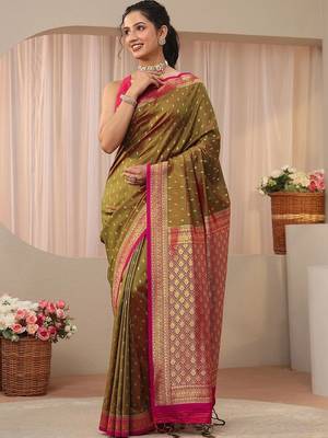 olive woven design zari silk blend saree 2