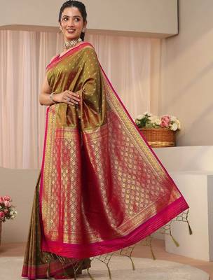 olive woven design zari silk blend saree 3