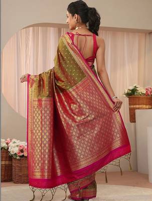 olive woven design zari silk blend saree 4