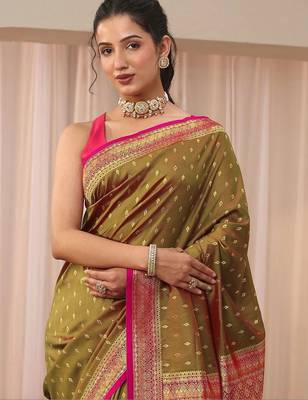 olive woven design zari silk blend saree 5