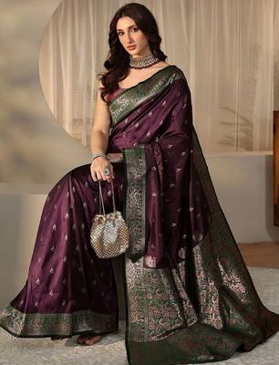 purple banarasi silk blend saree 1