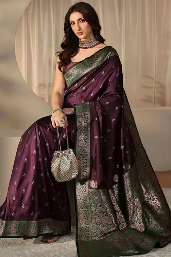 purple banarasi silk blend saree