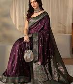 purple banarasi silk blend saree