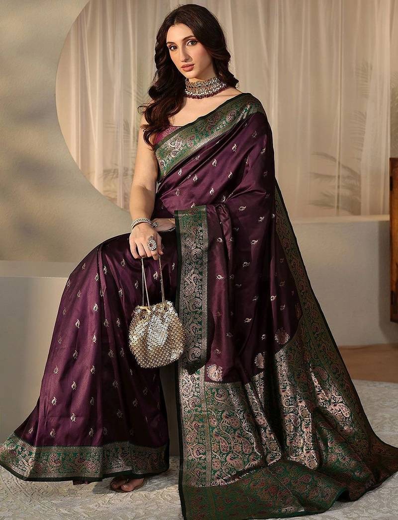 purple banarasi silk blend saree