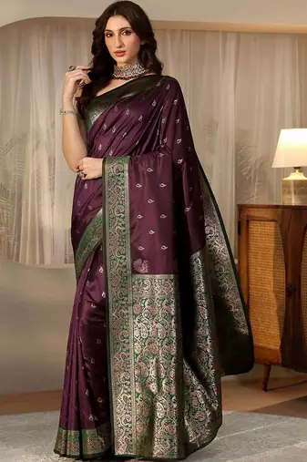 purple banarasi silk blend saree