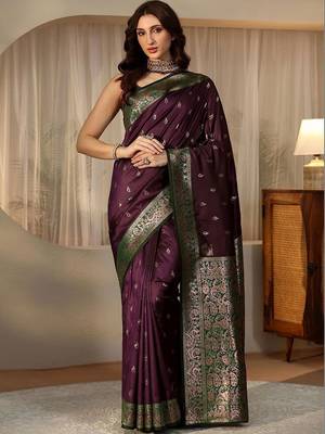 purple banarasi silk blend saree 3