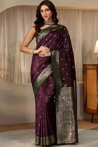 purple banarasi silk blend saree