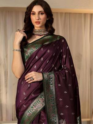 purple banarasi silk blend saree 4