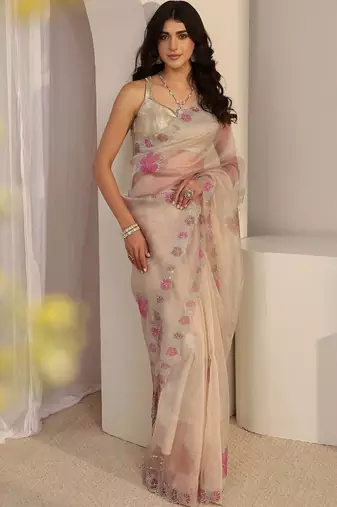beige floral embroidered organza saree