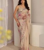 beige floral embroidered organza saree