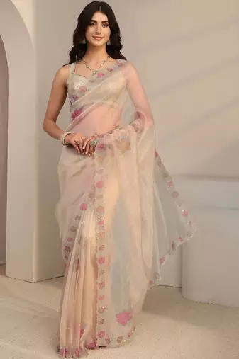 beige floral embroidered organza saree