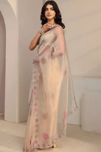 beige floral embroidered organza saree