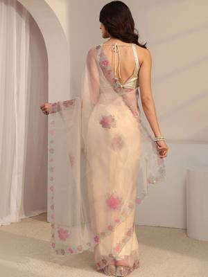 beige floral embroidered organza saree 4