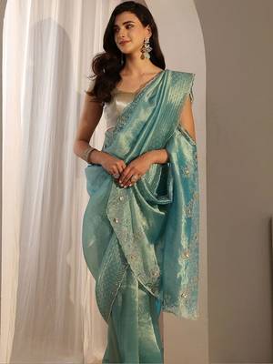 turquoise blue beads and stones tissue saree 1