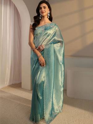 turquoise blue beads and stones tissue saree 2