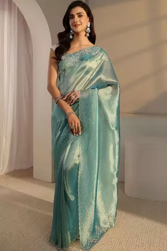 turquoise blue beads and stones tissue saree