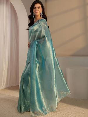 turquoise blue beads and stones tissue saree 3