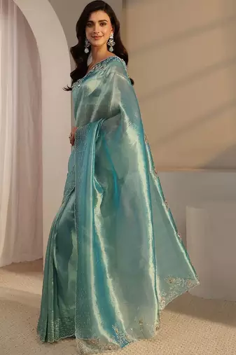 turquoise blue beads and stones tissue saree