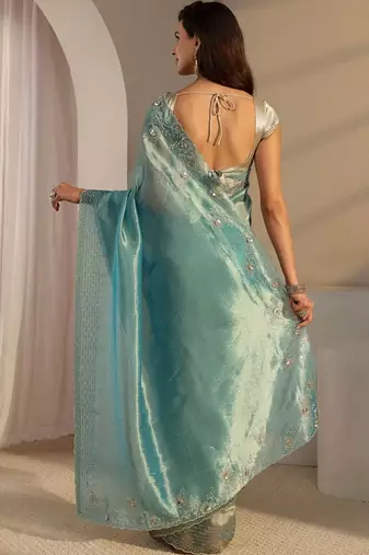 turquoise blue beads and stones tissue saree
