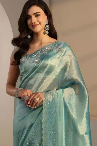 turquoise blue beads and stones tissue saree