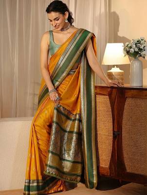 yellow kanjeevaram silk blend saree 1