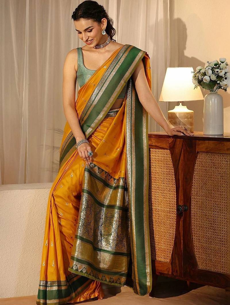 yellow kanjeevaram silk blend saree
