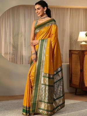 yellow kanjeevaram silk blend saree 3