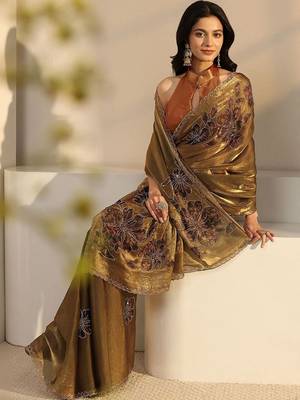 gold floral beads and stones tissue saree 1