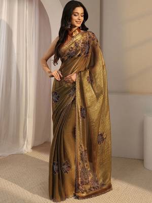 gold floral beads and stones tissue saree 2