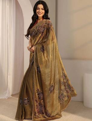 gold floral beads and stones tissue saree 3