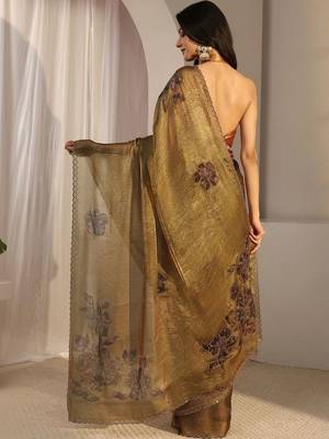 gold floral beads and stones tissue saree 4