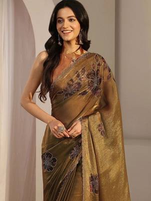 gold floral beads and stones tissue saree 5