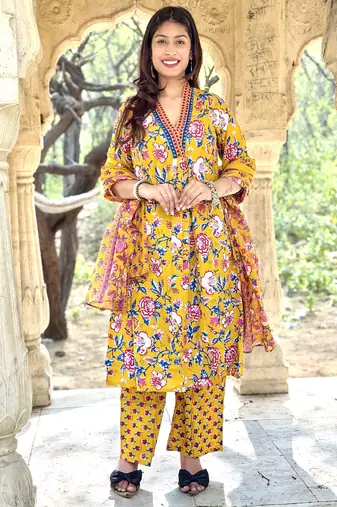 Women's Cotton Floral Printed Anarkali Kurta Palazzo Set with Dupatta 