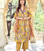 Women's Cotton Floral Printed Anarkali Kurta Palazzo Set with Dupatta 