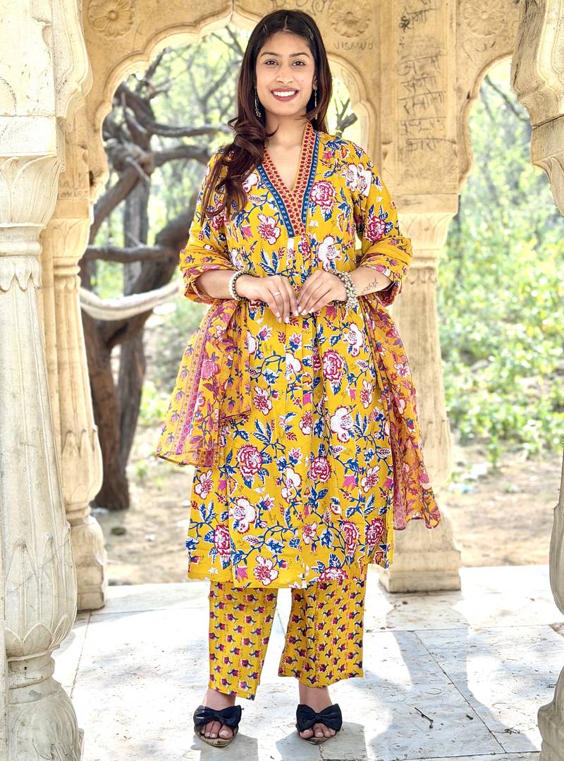 Women's Cotton Floral Printed Anarkali Kurta Palazzo Set with Dupatta 
