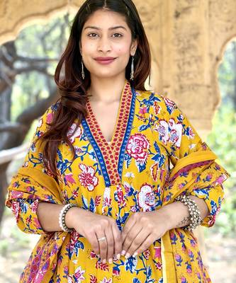 Women's Cotton Floral Printed Anarkali Kurta Palazzo Set with Dupatta  2