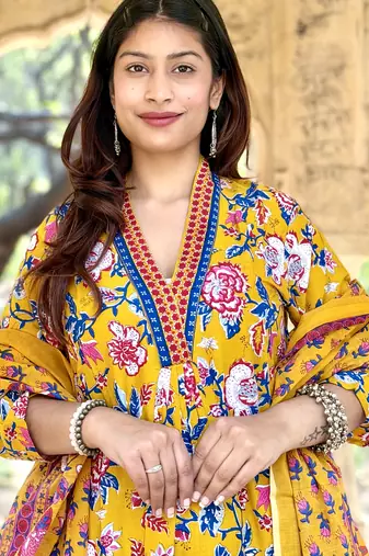 Women's Cotton Floral Printed Anarkali Kurta Palazzo Set with Dupatta 