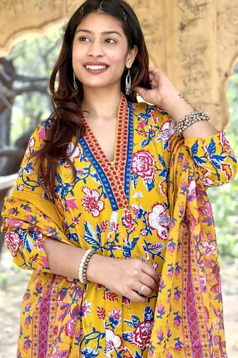 Women's Cotton Floral Printed Anarkali Kurta Palazzo Set with Dupatta 