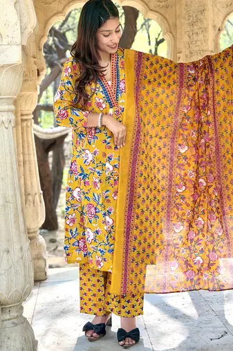 Women's Cotton Floral Printed Anarkali Kurta Palazzo Set with Dupatta 