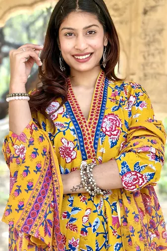 Women's Cotton Floral Printed Anarkali Kurta Palazzo Set with Dupatta 